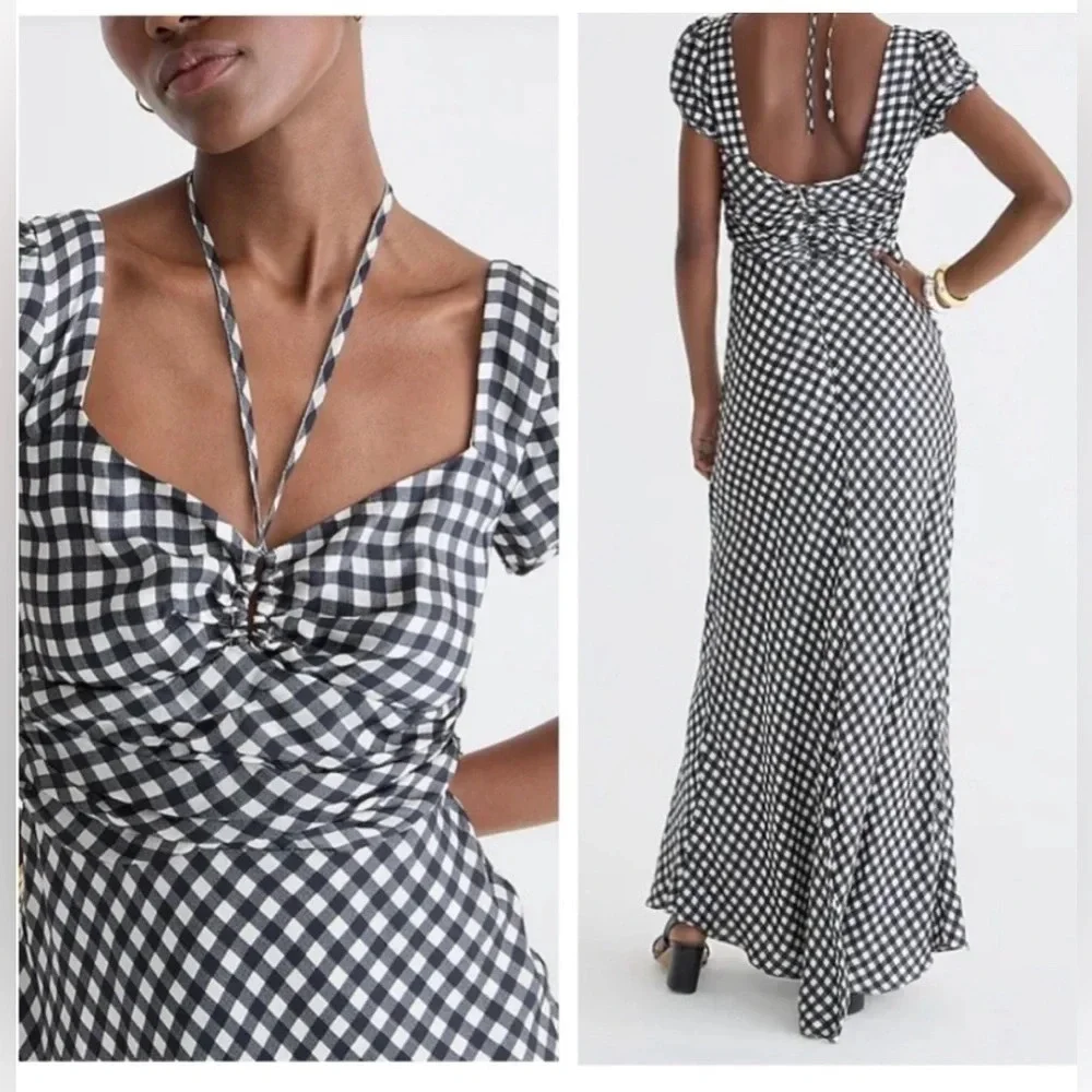 NWT J. CREW collection neck tie gingham satin feel maxi dress